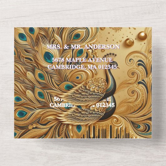 Glitter Gold Dripping Elegant Peacock All In One Uitnodiging (Achterkant)