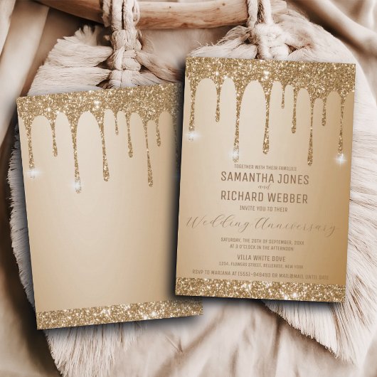 Glitter Gold Drips Champagne Bruiloft Jubileum Kaart
