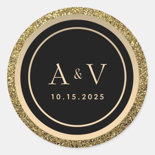 Glitter Gold en Black Monogram Weddenschap Ronde Sticker (Voorkant)