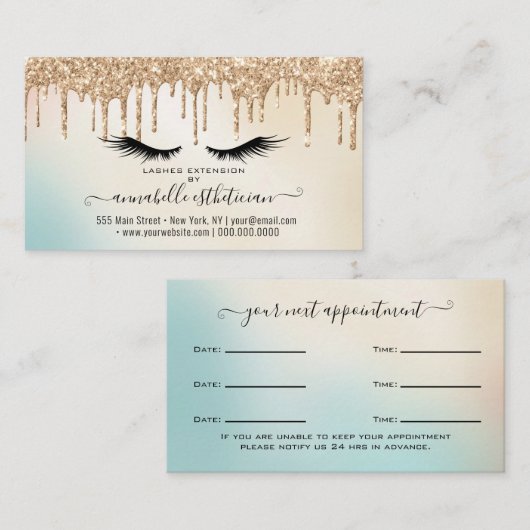 Glitter Gold Eyelash Extension Appointment Visitekaartje (Voorkant / Achterkant)