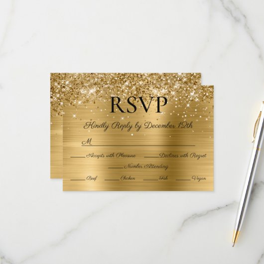 Glitter Gold Foil Elegant Calligraphy Wedding RSVP Kaartje (Voorkant / Achterkant in situ)