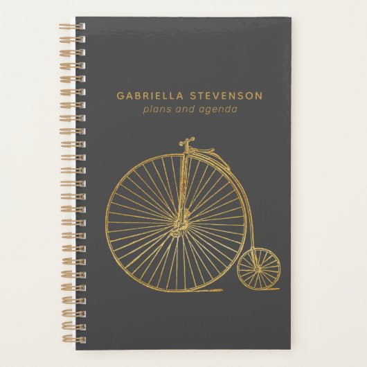 Glitter Gold Penny Farthing Bike Gray Personalized Planner (Voorkant)