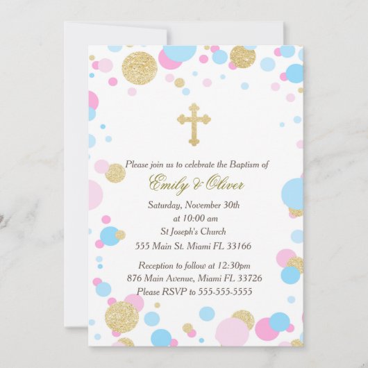 Glitter Gold Pink Blue Twins Baptisme Invitation Kaart (Voorkant)