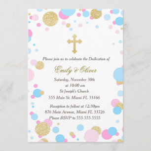 Glitter Gold Pink Blue Twins Dedication Invitation Kaart