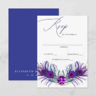 Glitter Goud Blauw Paars Pauw Pluim Bruiloft RSVP Kaartje