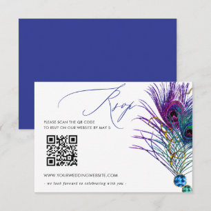 Glitter Goud Blauw Paars Pauw Pluim QR CODE RSVP Kaartje