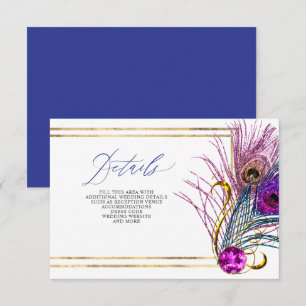 Glitter Goud Blauw Paars Pauwveer Bruiloft Informatiekaartje