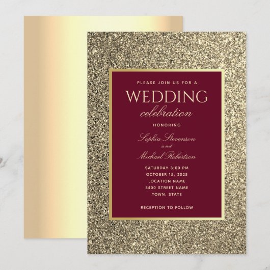 Glitter Goud Bourgondië Calligrafie Bruiloft Kaart (Voorkant / Achterkant)