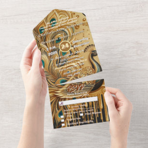 Glitter Goud Druppelende Elegante Pauw All In One Uitnodiging