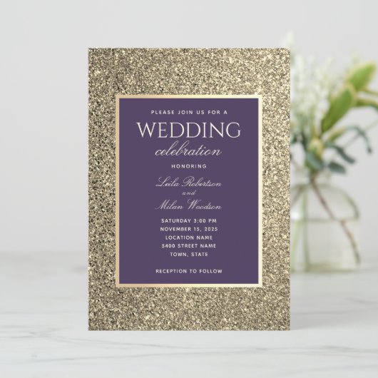 Glitter Goud En Paarse Trouw Uitnodiging (Staand voorkant)