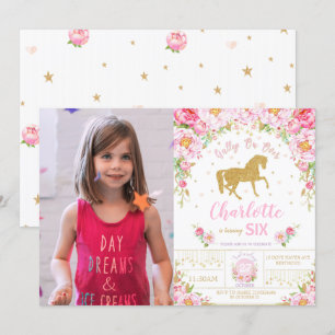 Glitter Goud Roze Bloemen Paard Verjaardag Meisje Kaart