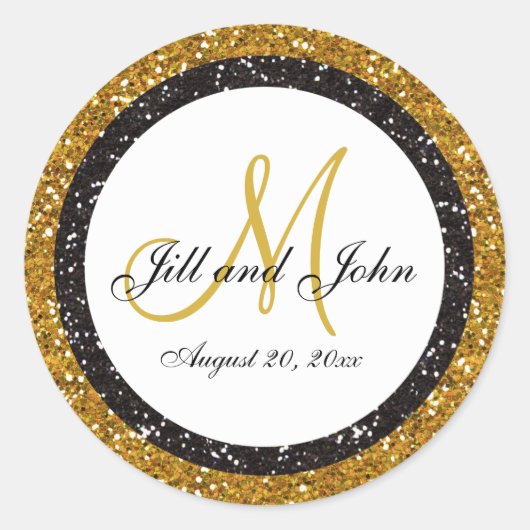 Glitter Goud Zwart Bruiloft Monogram Afdichtingen Ronde Sticker (Voorkant)