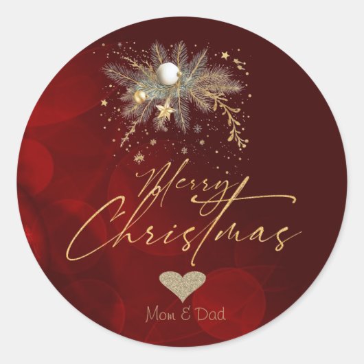 Glitter Gouden Hart, Kerst Ornamenten Branch Rood Ronde Sticker (Voorkant)