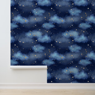 Glitter Gouden Sterren Donkerblauw Hemelpatroon Behang