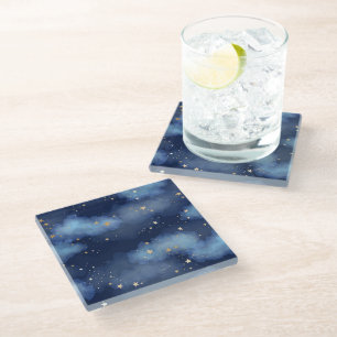 Glitter Gouden Sterren Donkerblauw Hemelpatroon Glazen Onderzetter