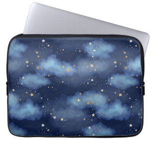 Glitter Gouden Sterren Donkerblauw Hemelpatroon Laptop Sleeve
