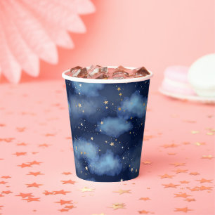 Glitter Gouden Sterren Donkerblauw Hemelpatroon Papieren Bekers
