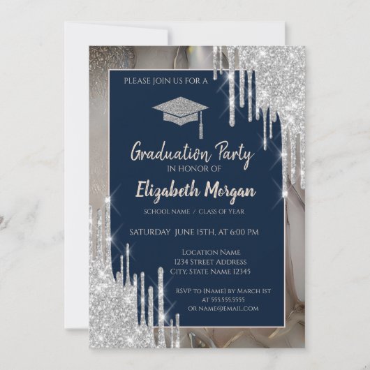 Glitter GradCap,Silver Drips,Marble Navy Blue Kaart (Voorkant)