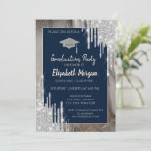 Glitter GradCap,Silver Drips,Marble Navy Blue Kaart (Staand voorkant)