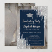 Glitter GradCap,Silver Drips,Marble Navy Blue Kaart (Voorkant / Achterkant)