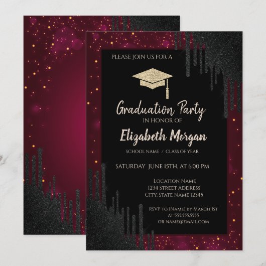 Glitter Graduation Cap, Confetti Black Drift Red Kaart (Voorkant / Achterkant)