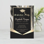 Glitter Graduation Cap, Confetti Black Marble Kaart (Staand voorkant)