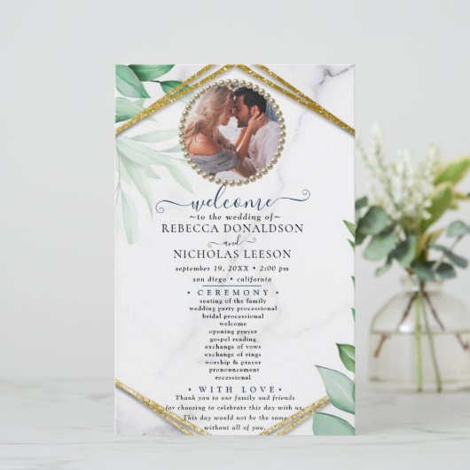 Glitter Greenery Elegant Photo Wedding Programme (Staand voorkant)