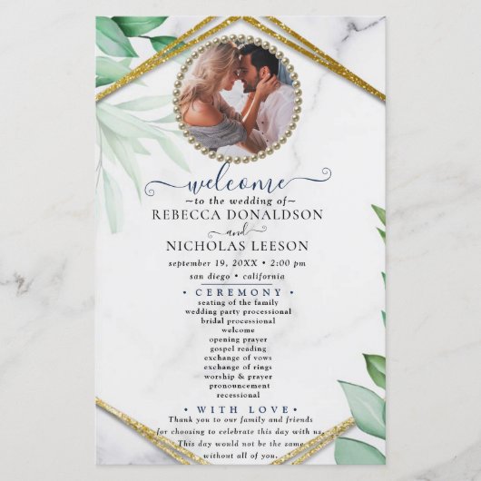 Glitter Greenery Elegant Photo Wedding Programme (Voorkant)