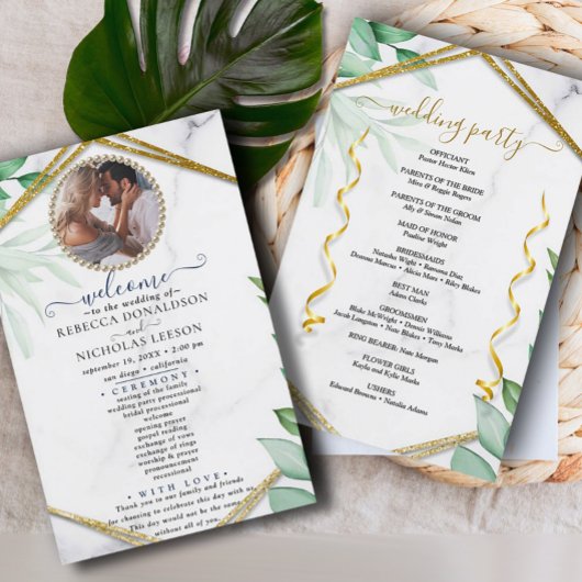 Glitter Greenery Elegant Photo Wedding Programme