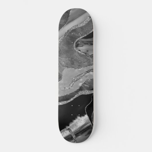 Glitter: grijs zwarte witte marmer Agate Silver Skateboard (Voorkant)