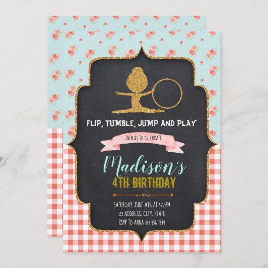 Glitter Gymnastic Invite Kaart (Voorkant / Achterkant)