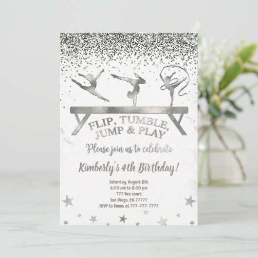Glitter Gymnastic Kids Birthday Invitation (Debout devant)
