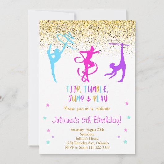 Glitter Gymnastiek Verjaardag Uitnodiging (Voorkant)