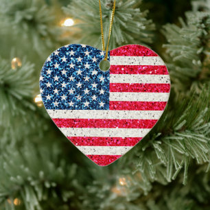 Glitter Heart Patriotic American USA Vlag Keramisch Ornament