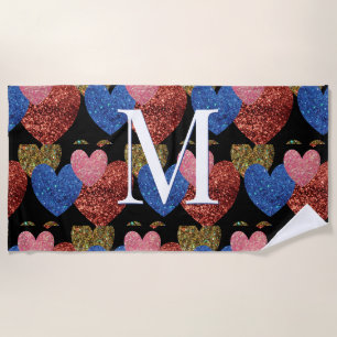 Glitter Hearts Modern Glam Monogram Strandlaken