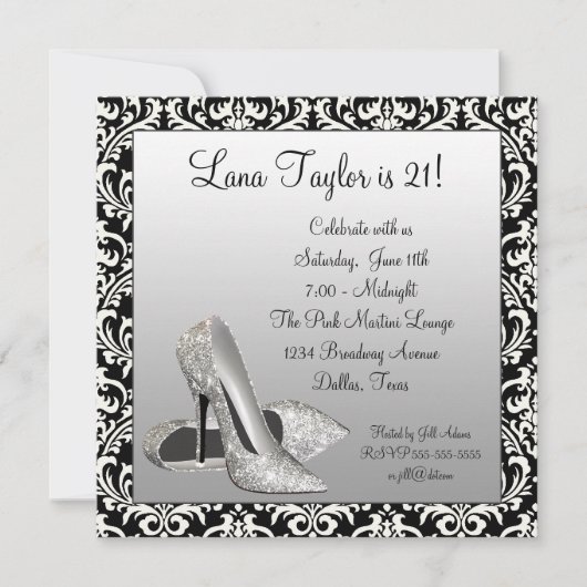 Glitter High Heels Black Damask Verjaardagsfeestje Kaart (Voorkant)