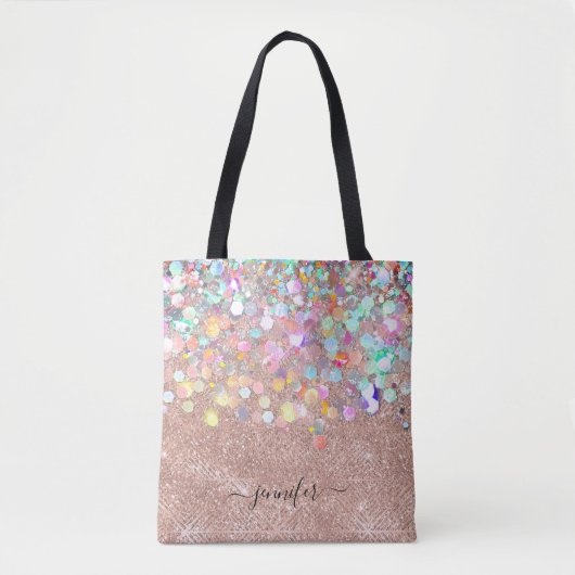 Glitter Holographic Roos Gold Monogramed Script Draagtas (Voorkant)