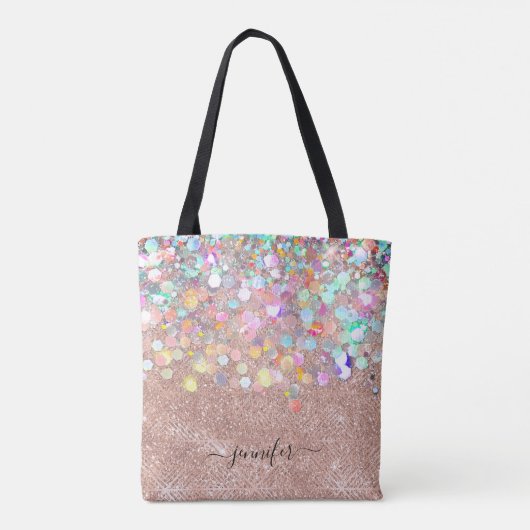 Glitter Holographic Roos Gold Monogramed Script Draagtas (Achterkant)