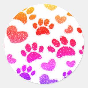 Glitter hond poot afdrukken en harten ronde sticker