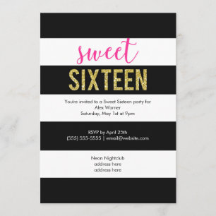 Glitter Hot Pink Black Stripes Sweet Sixteen-parti Kaart