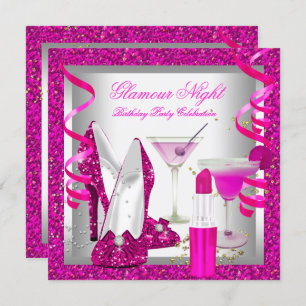 Glitter Hot Pink Glamor Night Martini Party Kaart