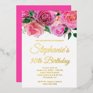 Glitter Hot Pink Roos Glam 30e verjaardag Folie Uitnodiging