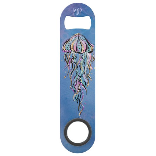 *~* Glitter Jelly Fish Blue Abstracte Waterverf Speed Flessenopener (Achterkant)