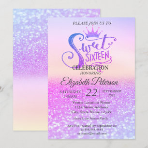 Glitter Kleurrijke Bokeh Ombre,Tiara Sweet 16 Fees Kaart