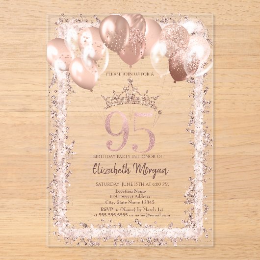 Glitter Lijst, Kroon, Ballonnen 95ste Verjaardag Acryl Uitnodigingen (Voorkant)