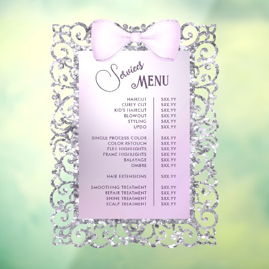 Glitter Lijst Lila Bow Services Menu Raamsticker (Vel 3)
