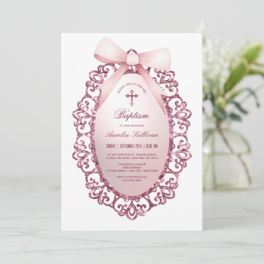Glitter Lijst Roze Bow Doop Kaart (Staand voorkant)