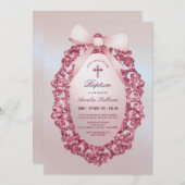 Glitter Lijst Roze Bow Faux Folie Doop Kaart (Voorkant / Achterkant)