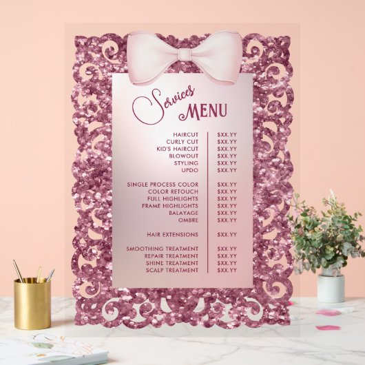  Glitter Lijst Roze Bow Services Menu Acryl Bord (Huwelijk)