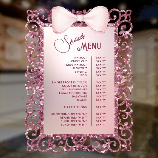  Glitter Lijst Roze Bow Services Menu Raamsticker